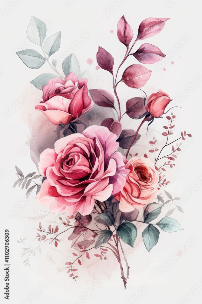 Pink flower bouquet with beautiful branches and leaves. Wedding concept. Watercolor Pink flower bouquet with beautiful branches and leaves. Wedding concept. Watercolor