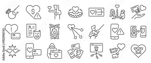 Romance scam icon set. It included phishing, fake, lie, fraud, romantic scam, and more icons. Editable Stroke.