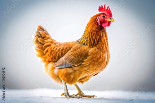 Hen on White, Candid Chicken Photo, Poultry Photography, Farm Animal Image, White Background Bird photo