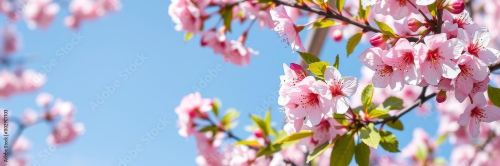 Obraz premium Beautiful cherry blossoms frame against blue sky perfect for spring with ample space for text, beautiful, space for text