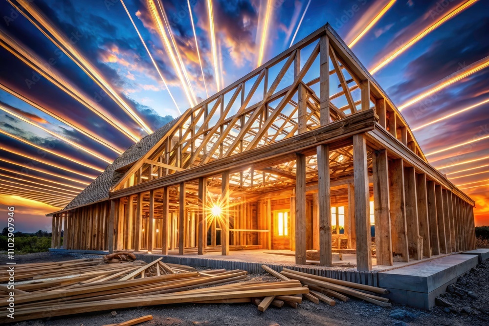 Obraz premium Long Exposure Construction Photography: New Home Wood Frame Roof Building Process