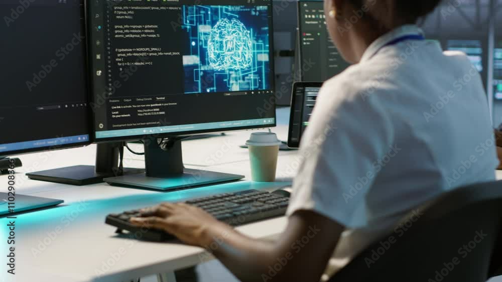 Engineer in data center implementing advanced AI driven predictive maintenance systems to proactively identify and resolve potential hardware failures before they impact operations, camera A Engineer in data center implementing advanced AI driven predictive maintenance systems to proactively identify and resolve potential hardware failures before they impact operations, camera A