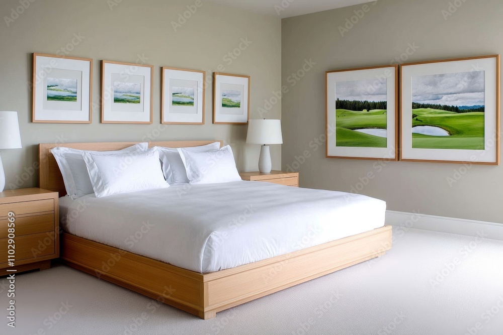 A bedroom with a gallery wall of framed photos and art, complementing a simple, modern bed setup A bedroom with a gallery wall of framed photos and art, complementing a simple, modern bed setup