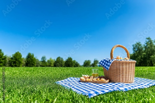 Wallpaper Mural A birthday picnic in the park with blankets, wicker baskets, and guests enjoying snacks under a clear blue sky Torontodigital.ca