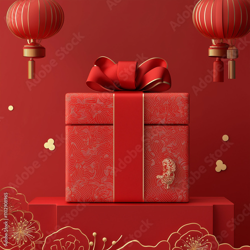 Red-themed background with floating gift boxes and ornaments for chinese new year photo