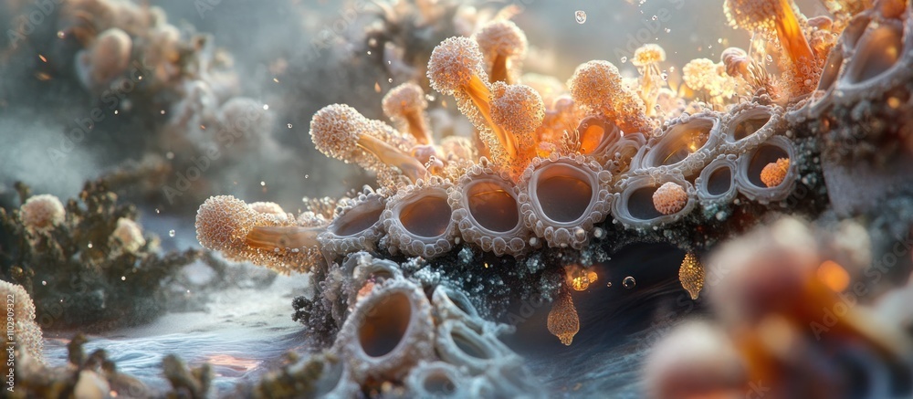 Naklejka premium Virus shaped like a coral reef, intricate organic details, underwater aesthetic 