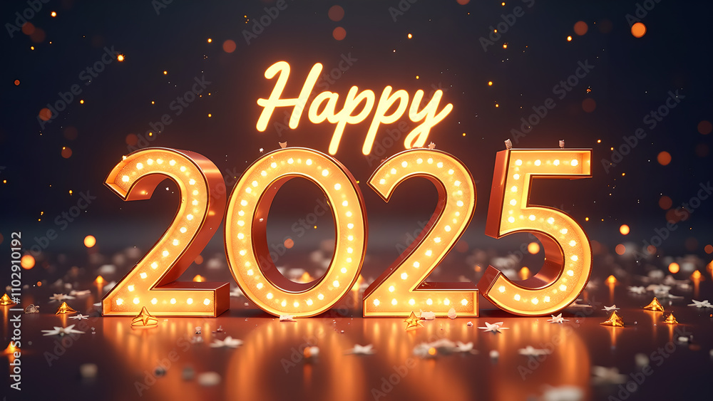 Happy New Year 2025 Celebration. 3D Render of Festive Lights.