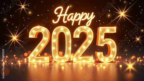 Happy New Year 2025 with golden lights. Concept of celebration, party, and holiday.