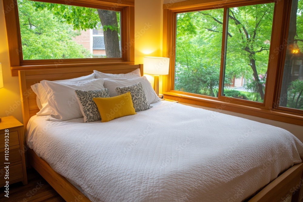 A cozy bedroom with soft lighting, a large bed covered in fluffy white linens, and a window overlooking a peaceful garden A cozy bedroom with soft lighting, a large bed covered in fluffy white linens, and a window overlooking a peaceful garden