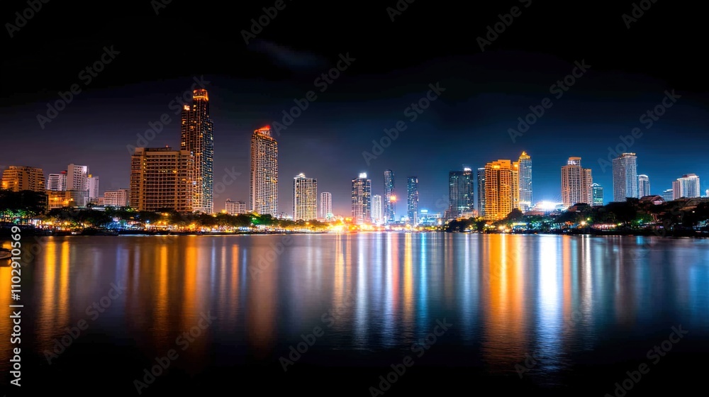 Obraz premium Stunning Nighttime Cityscape Over Calm Waters, Showcasing Bright Lights, Modern Skyscrapers, Reflections, and Vibrant Urban Atmosphere in a Beautiful Urban Environment