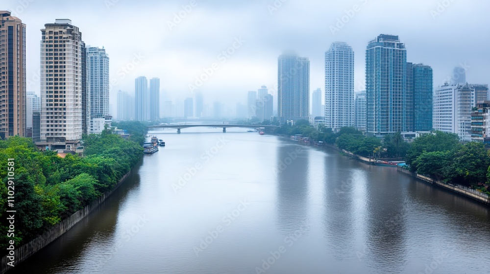 Naklejka premium A Serene Morning View of a Modern City Skyline Reflecting on a Calm River Amidst Misty Weather and Lush Greenery Under Overcast Skies
