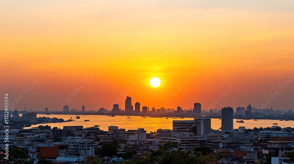 Naklejka premium Majestic Sunset Over City Skyline with Reflections on Water and Silhouetted Buildings Creating a Serene Evening Atmosphere in Urban Landscape