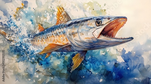 Watercolor Painting Of A King Mackerel Leaping From Water