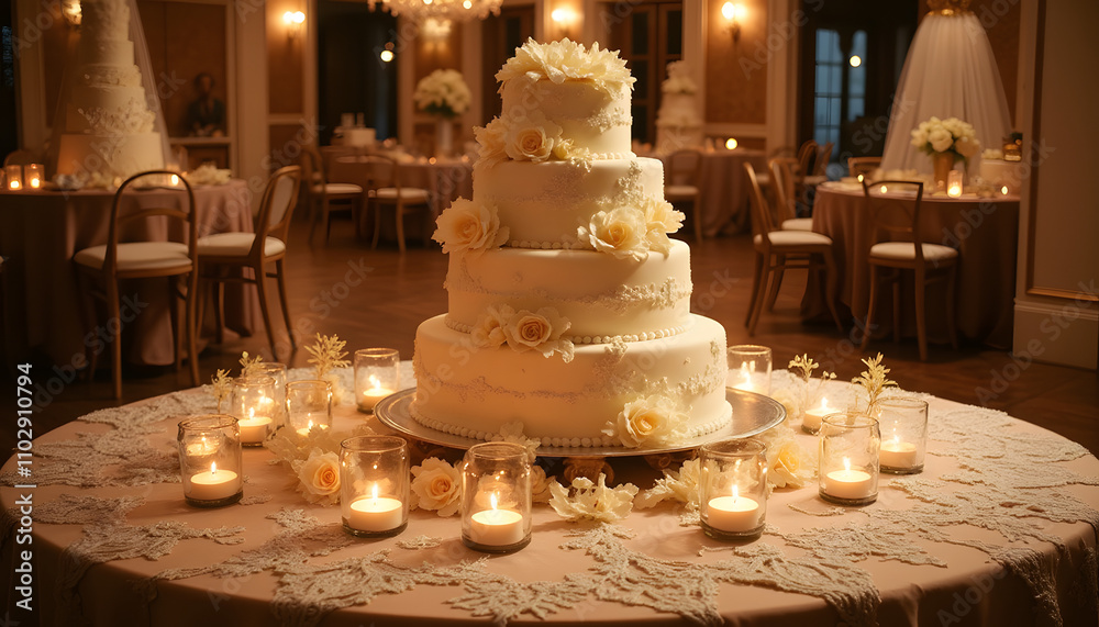 On a smart tablecloth surrounded by delicate lace and soft candlelight stands a majestic wedding cake