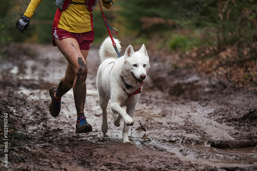 Runner with Husky splashes through muddy trail, forest backdrop energizes dynamic scene