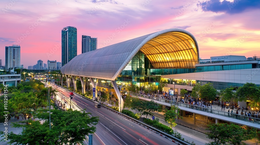 Fototapeta premium Stunning Sunset View of a Modern City Airport with Architectural Marvels and Busy Streets, Showcasing Vibrant Urban Lifestyle and Exquisite Design Elements