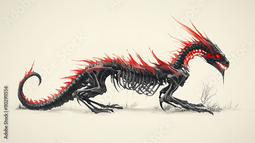 Skeletal dragon with fiery accents in a dynamic pose.