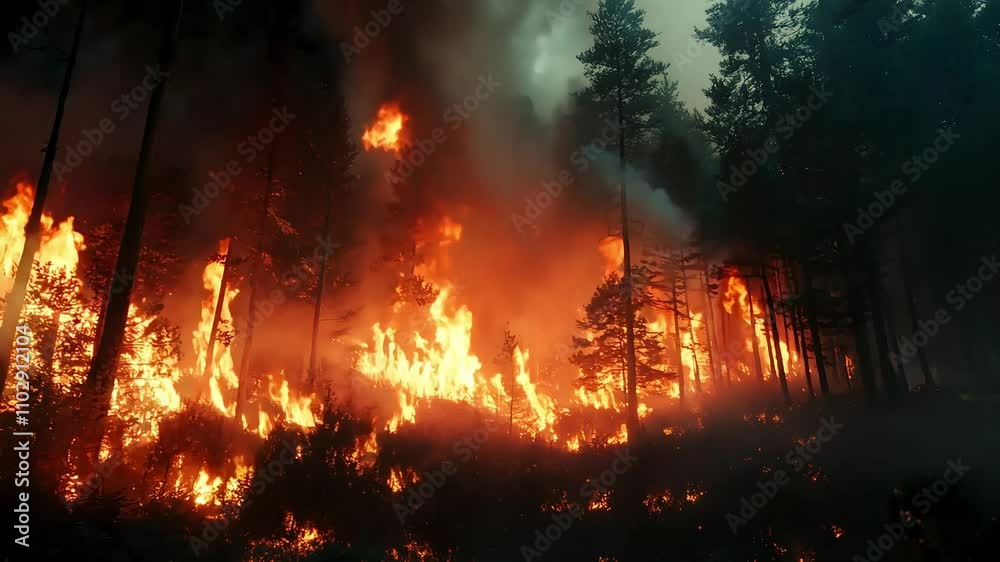 A Dramatic Depiction of Wildfire Bringing Destruction to a Dense Forest Landscape A Dramatic Depiction of Wildfire Bringing Destruction to a Dense Forest Landscape