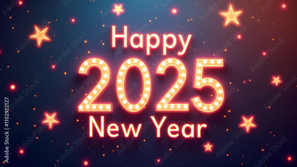 Happy New Year 2025 with glowing lights. Concept of celebration, party, and holiday.