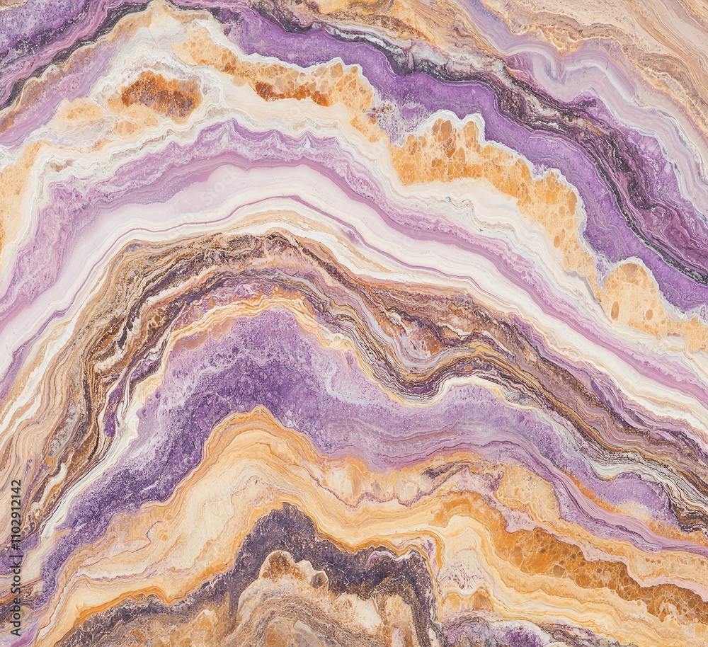 A close-up of colorful, layered agate stone with purple, brown, and cream hues. A close-up of colorful, layered agate stone with purple, brown, and cream hues.