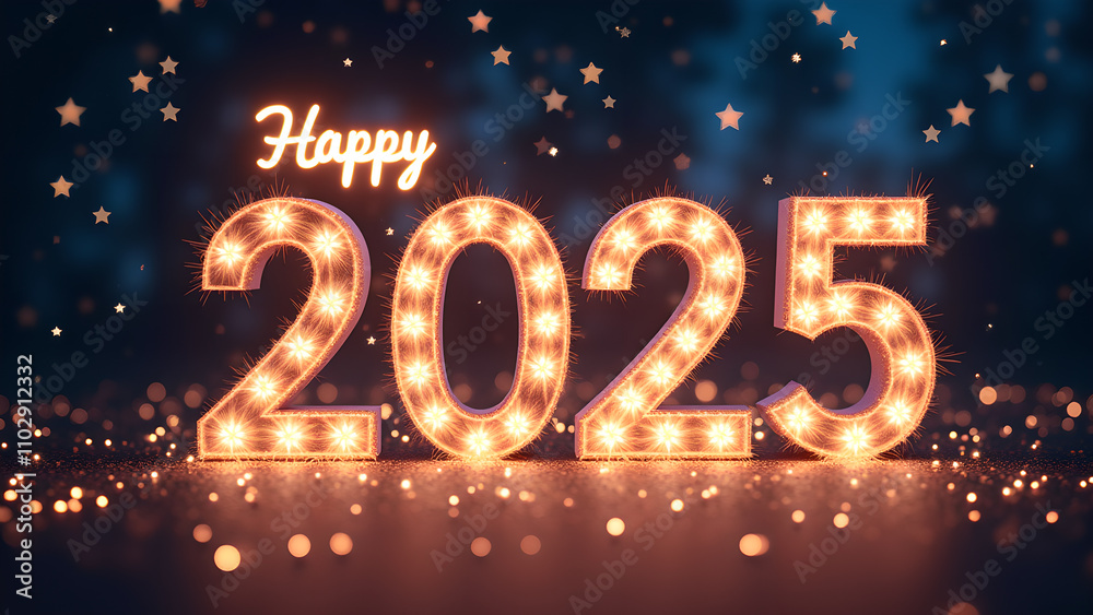 Happy New Year 2025 with illuminated numbers. Concept of celebration, holiday, and future. Happy New Year 2025 with illuminated numbers. Concept of celebration, holiday, and future.