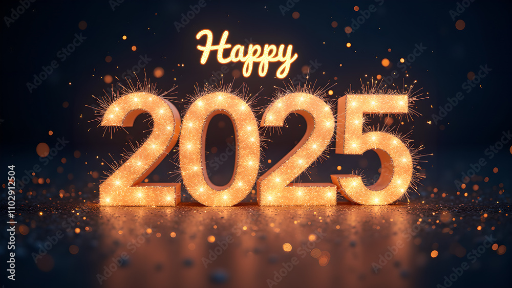 Happy New Year 2025 with sparkling lights. Concept of celebration, holiday, and new beginnings. Happy New Year 2025 with sparkling lights. Concept of celebration, holiday, and new beginnings.