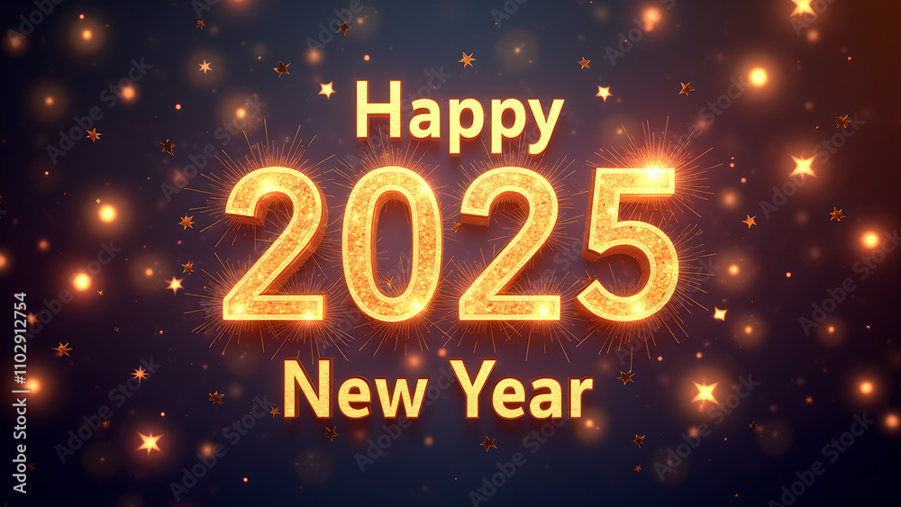 Happy New Year 2025 greeting card with golden sparkle. Concept of celebration, party, and holiday. Happy New Year 2025 greeting card with golden sparkle. Concept of celebration, party, and holiday.