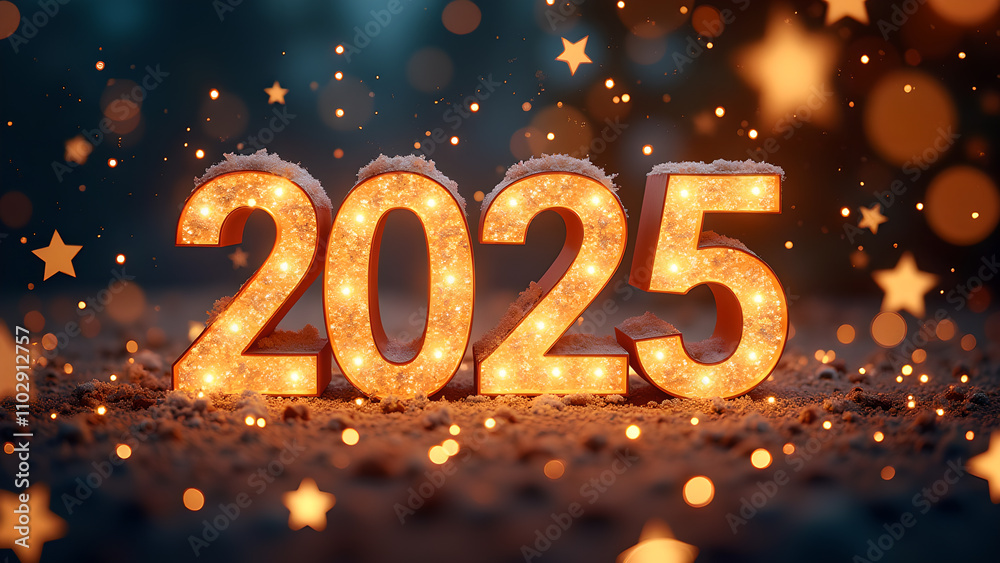 2025 New Year's Eve celebration with snow and lights. Concept of hope, future, and new beginnings. 2025 New Year's Eve celebration with snow and lights. Concept of hope, future, and new beginnings.