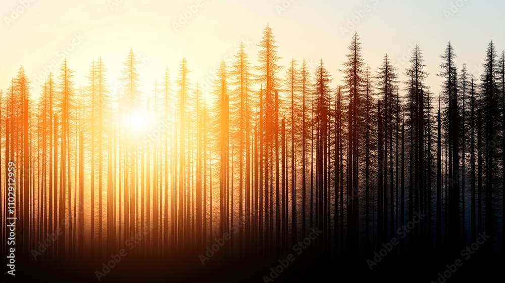 Majestic Sunrise Over Silhouetted Pine Trees in a Serene Forest, Capturing the Beauty of Nature and Tranquility in Early Morning Light Majestic Sunrise Over Silhouetted Pine Trees in a Serene Forest, Capturing the Beauty of Nature and Tranquility in Early Morning Light