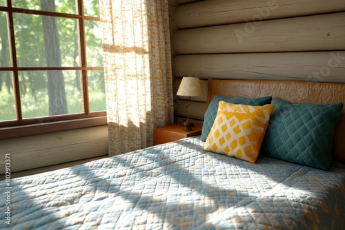 A hyper-realistic bedroom with sunlight streaming through sheer curtains, revealing intricate textures of a quilted bedspread and fluffy pillows photo