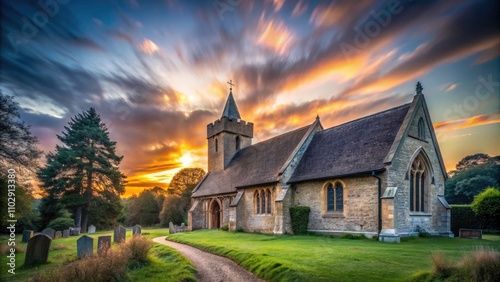 Stunning Long Exposure of St Oswald Parish Church in Widford, Capturing the Graceful Architecture and Serene Surroundings, Perfect for Landscape Photography and Historical Landmarks photo