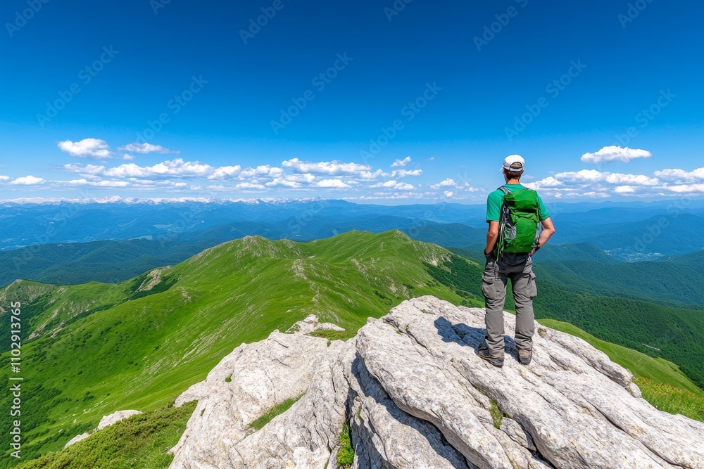 A lone hiker standing on a rocky outcrop of Bjelasnica, admiring the vast expanse of mountains and valleys A lone hiker standing on a rocky outcrop of Bjelasnica, admiring the vast expanse of mountains and valleys