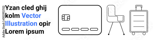 Credit card, office chair, and a wheeled suitcase alongside stylized text. Ideal for business travel, finance, workplace setup, corporate lifestyle, modern conveniences, professional equipment