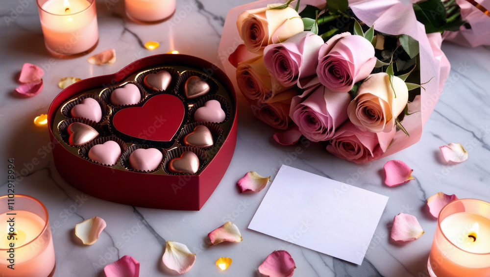 Luxurious heart-shaped chocolate box with pastel rose bouquet Luxurious heart-shaped chocolate box with pastel rose bouquet