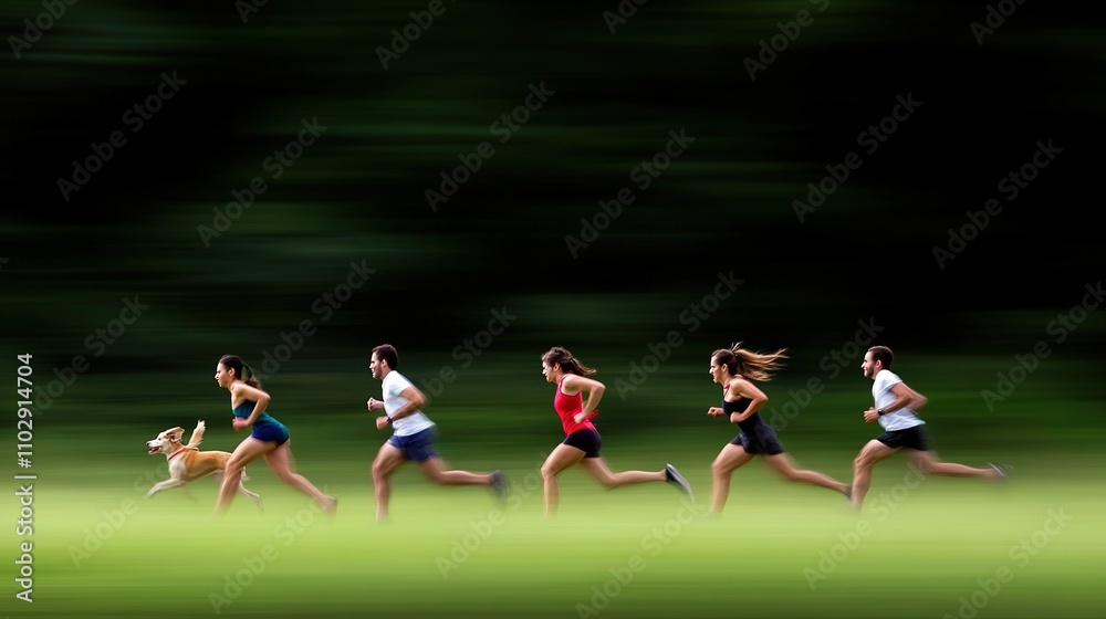 Obraz premium Group of Diverse Runners in Motion with a Dog on a Lush Green Trail Conveying Team Spirit, Fitness Goals, and Outdoor Adventure in a Blurred Background Setting