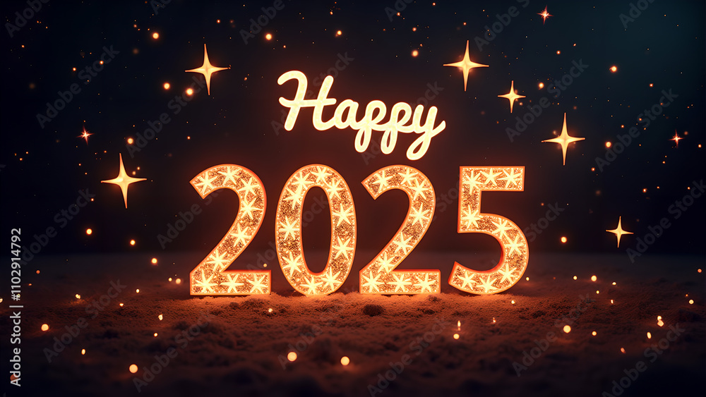 Happy New Year 2025 with glowing lights. Concept of celebration, holiday, and winter. Happy New Year 2025 with glowing lights. Concept of celebration, holiday, and winter.