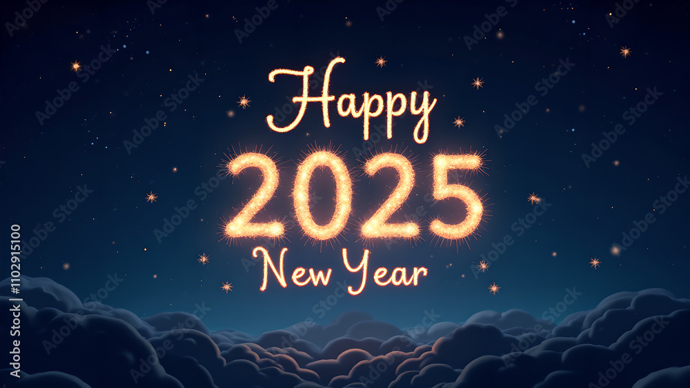 Happy New Year 2025 with sparkling text and clouds. Concept of celebration, holiday, and wishes. Happy New Year 2025 with sparkling text and clouds. Concept of celebration, holiday, and wishes.