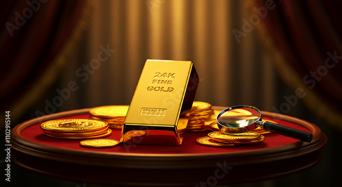 24K Gold Bar, Coins, Magnifying Glass - Wealth, Luxury, Investment Concept