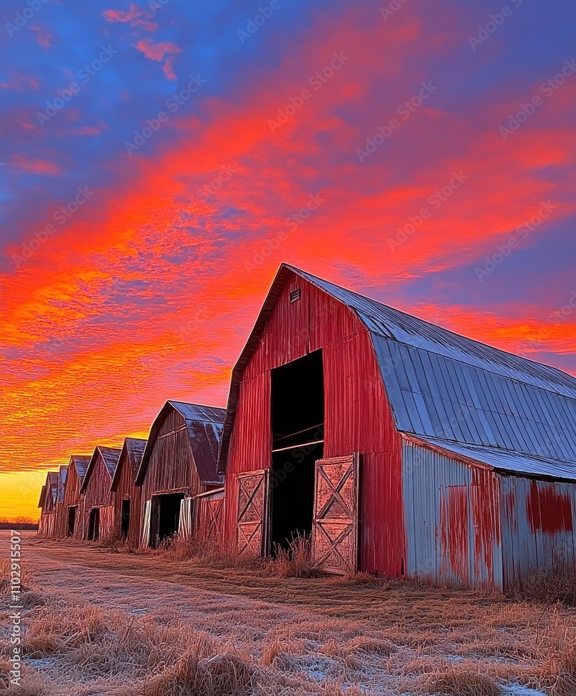 Red Barns at Sunrise: A Rural Landscape Red Barns at Sunrise: A Rural Landscape