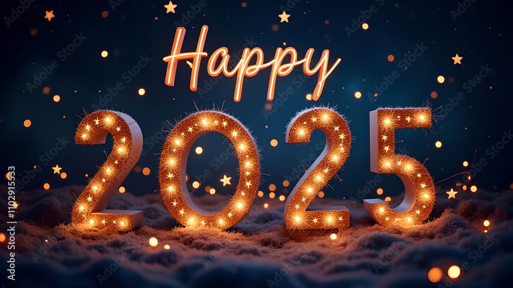 Happy New Year 2025 with glowing lights. Festive winter celebration concept. Happy New Year 2025 with glowing lights. Festive winter celebration concept.