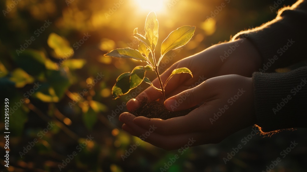 Fototapeta premium Hands holding a small plant at sunrise symbolizing environmental care