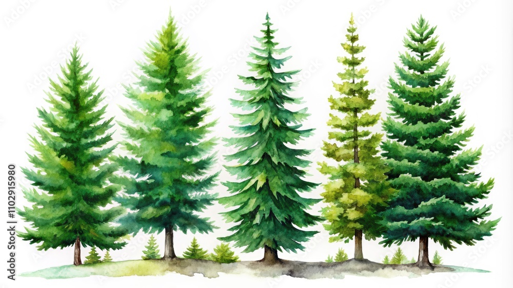 Obraz premium Watercolor Illustration of Abies Balsamea Tree on White Background - Nature Art, Botanical Illustration, Fine Art Print, Home Decor, Greenery, Christmas Tree, Digital Art, Aesthetic Design