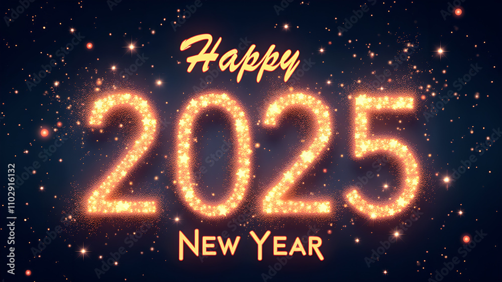 Happy New Year 2025 Sparkling Gold Text. Concept of celebration, party, and holiday. Happy New Year 2025 Sparkling Gold Text. Concept of celebration, party, and holiday.
