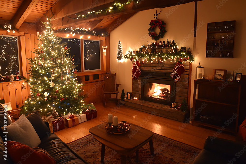 A cozy Christmas living room with a decorated tree, twinkling lights, and a glowing fireplace, creating a warm holiday atmosphere A cozy Christmas living room with a decorated tree, twinkling lights, and a glowing fireplace, creating a warm holiday atmosphere