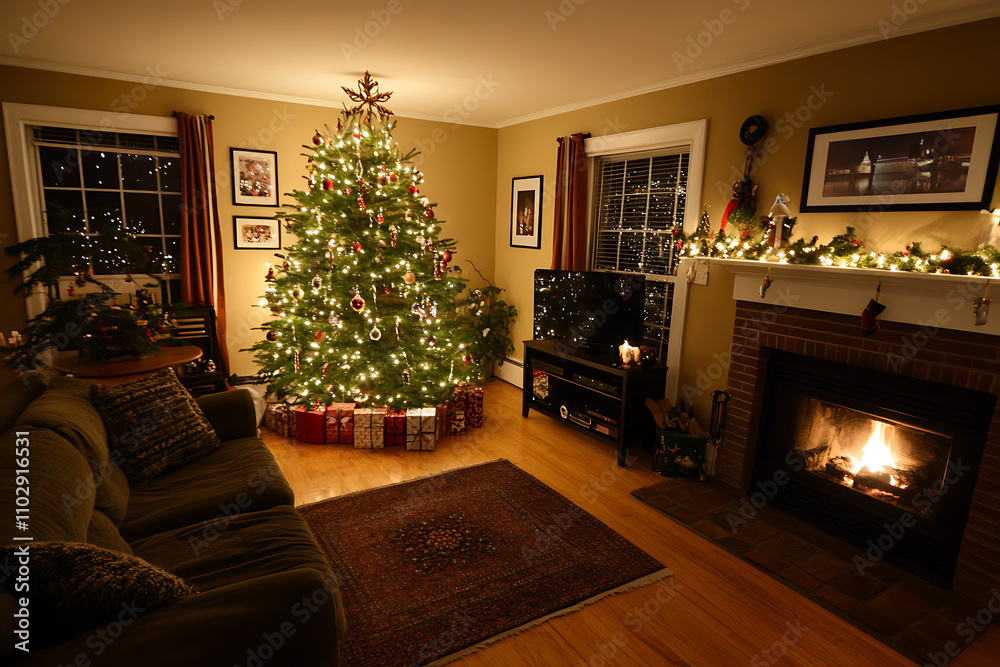 A cozy Christmas living room with a decorated tree, twinkling lights, and a glowing fireplace, creating a warm holiday atmosphere A cozy Christmas living room with a decorated tree, twinkling lights, and a glowing fireplace, creating a warm holiday atmosphere