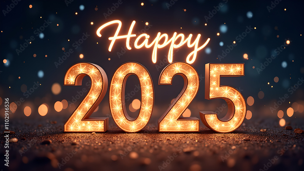 Happy 2025 New Year Celebration. Festive illuminated numbers with bokeh lights. Concept of celebration, hope, and new beginnings. Happy 2025 New Year Celebration. Festive illuminated numbers with bokeh lights. Concept of celebration, hope, and new beginnings.