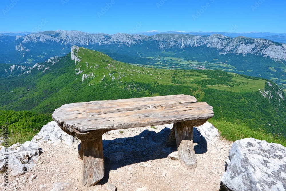 A rustic wooden bench on a Bjelasnica lookout point, offering a stunning view of the valley below A rustic wooden bench on a Bjelasnica lookout point, offering a stunning view of the valley below
