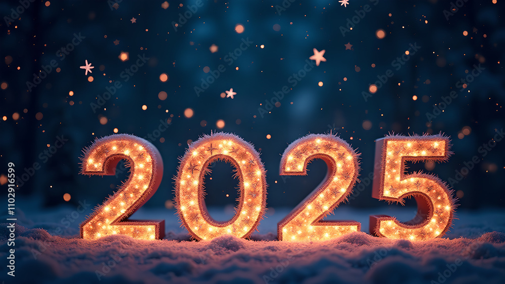 2025 New Year's Eve celebration in the snow. Concept of winter holidays, new beginnings, and future. 2025 New Year's Eve celebration in the snow. Concept of winter holidays, new beginnings, and future.