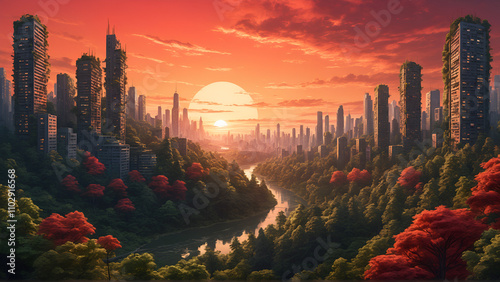 A stylized cityscape with towering buildings encroaches on a dense forest at sunset, creating a vivid contrast between nature and urban development. The red sky symbolizes the rapid growth of the city photo