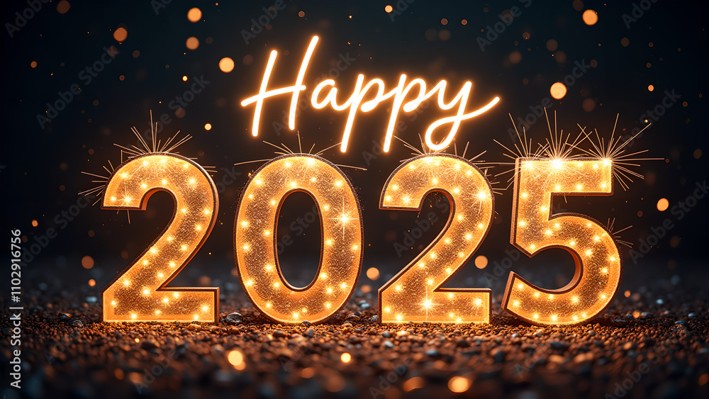 Happy New Year 2025 with sparkling lights. Festive celebration concept. Happy New Year 2025 with sparkling lights. Festive celebration concept.